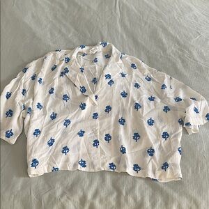 Chic White Blouse with Blue Floral Design